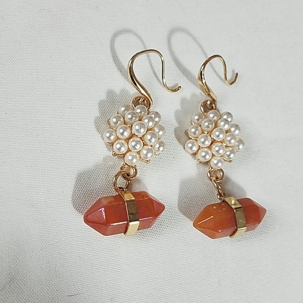Pearl Cluster and Orange Carnelian Gold Earrings